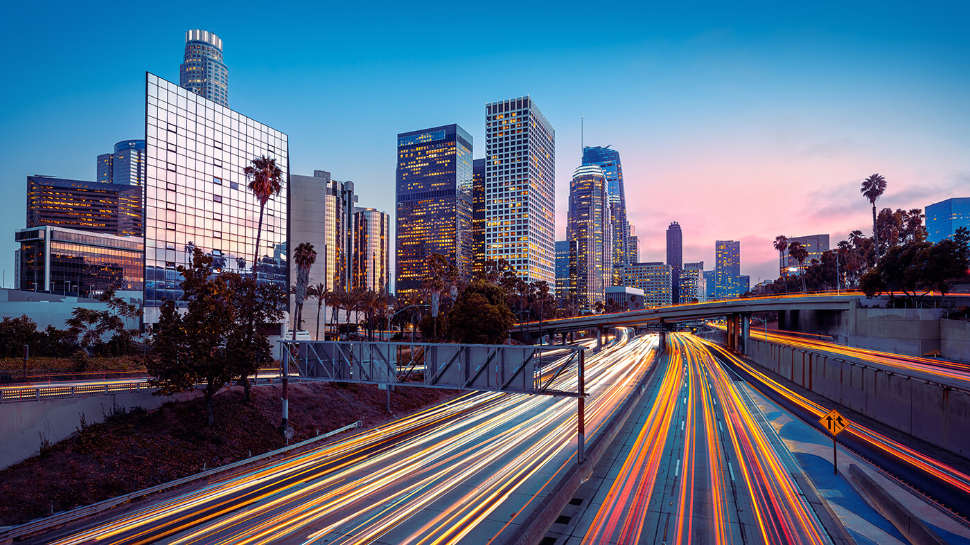 View of the city street at sunset in Los Angeles