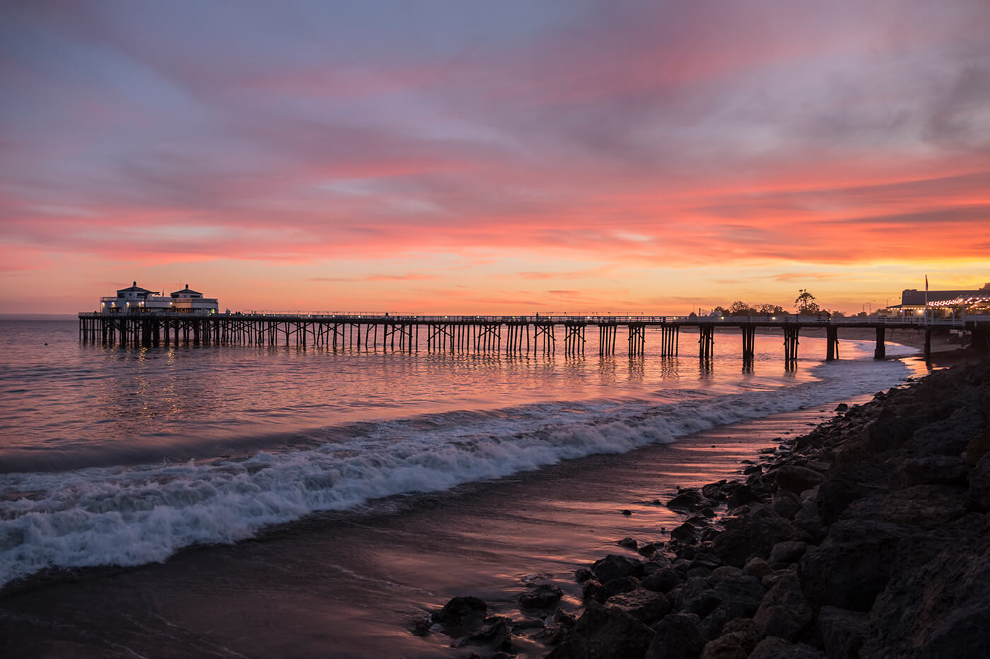 Sunset view of pier in Malibu